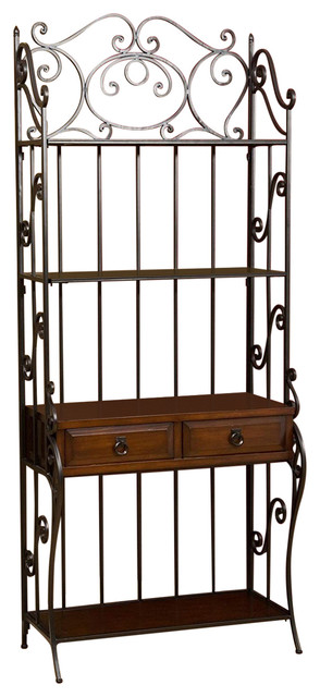Black Wrought Iron And Walnut Wood Finish Bakers Rack