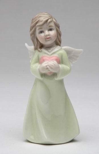 Girl Angel of Love in Green Robe Holding Pink Heart Figurine