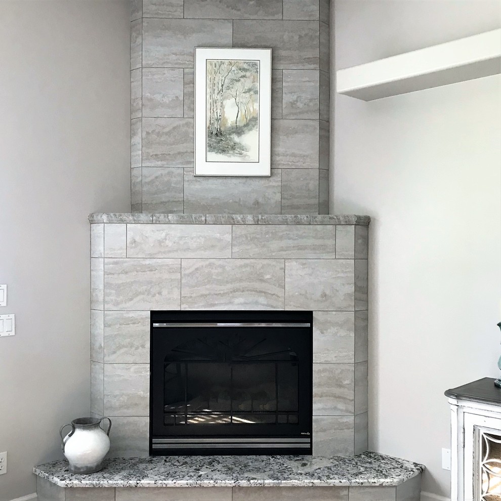 Modern living room in Boise with a tile fireplace surround.