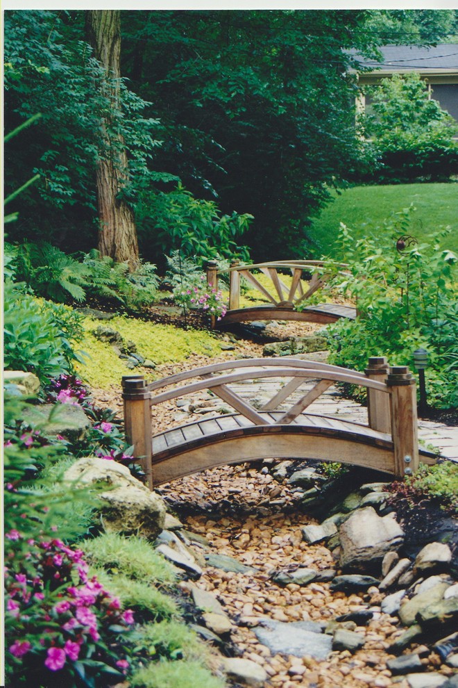 Inspiration for a mid-sized traditional backyard partial sun garden for spring in St Louis with a water feature and gravel.