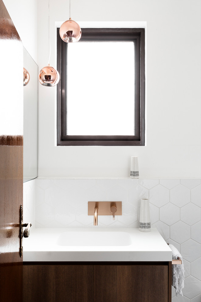 Design ideas for a mid-sized traditional master bathroom in Melbourne with flat-panel cabinets, brown cabinets, a drop-in tub, an alcove shower, a two-piece toilet, ceramic tile, white walls, ceramic floors, a drop-in sink, laminate benchtops, an open shower and white benchtops.