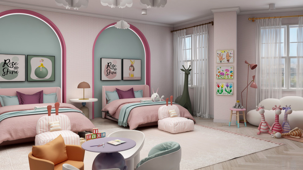Réalisation d'une grande chambre d'enfant de 4 à 10 ans minimaliste avec un mur rose, parquet clair, un sol beige, un plafond décaissé et du papier peint.