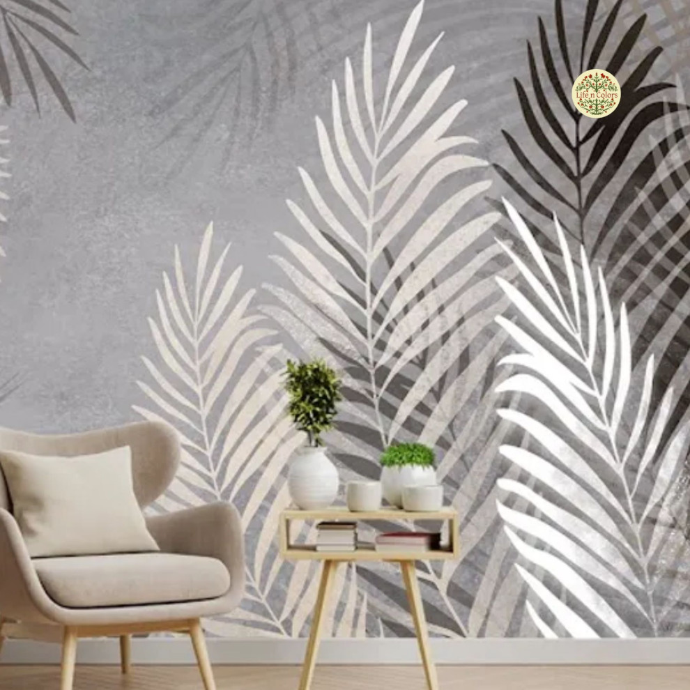Beige and Grey Background Tropical Leaves Wallpaper Tropical Dining
