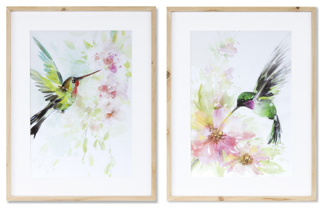 Hummingbird Watercolor, 2-Piece Set, Green/Pink - Tropical - Prints And ...