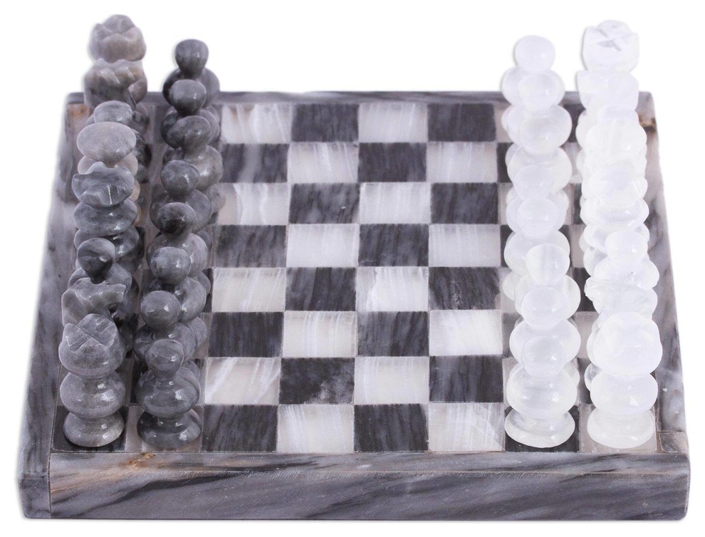 7.5 NOVICA 339074 Black and Grey Challenge Marble Chess Set 7.5 NOVICA 339074 Black and Grey Challenge Marble Chess Set