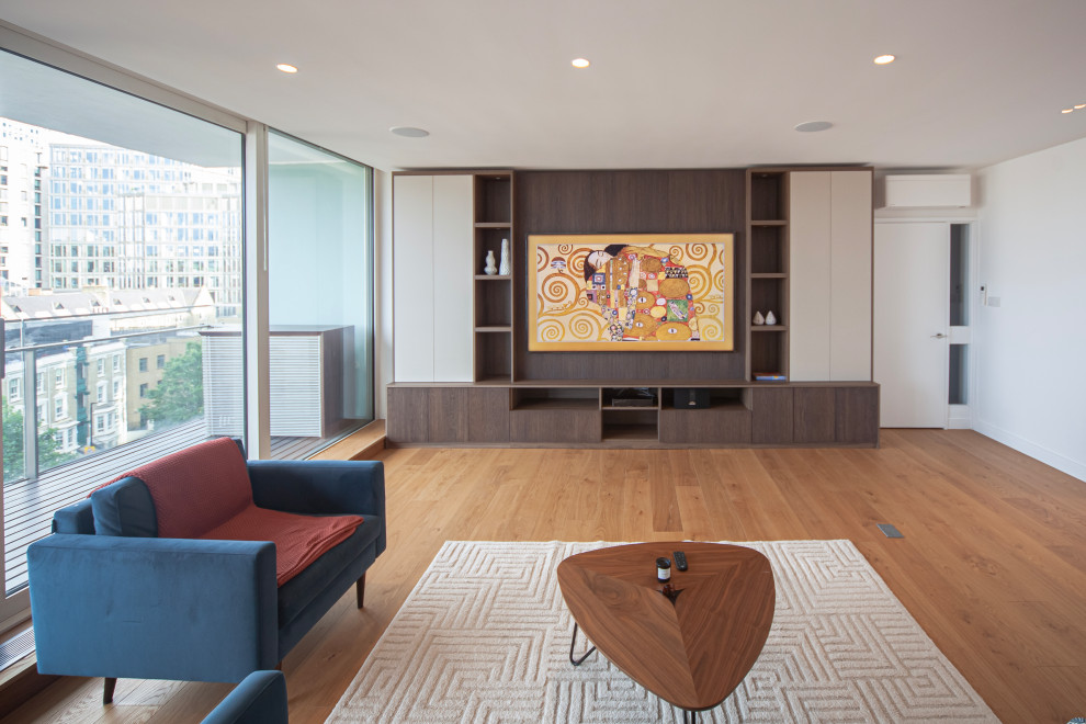 Bespoke Sleek Brown Media Unit with ribbed wood slat panels