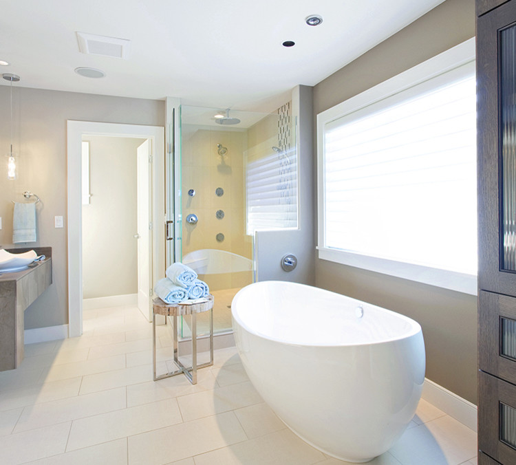 Bathroom - large contemporary master beige tile and multicolored tile ceramic tile and beige floor bathroom idea in Phoenix with brown walls, a vessel sink, tile countertops, a hinged shower door and brown countertops