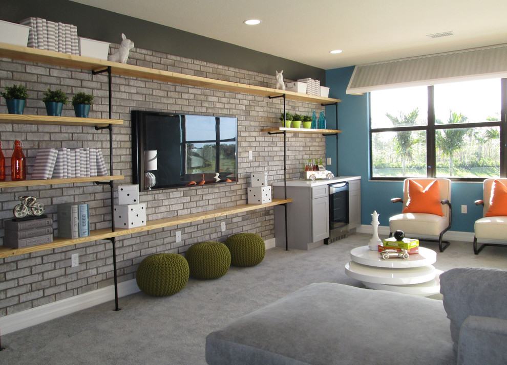 Contemporary family room in Orlando with grey walls, carpet, a wall-mounted tv and grey floor.