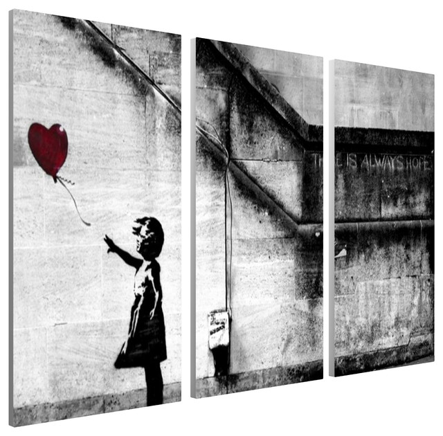 Banksy Wall Art Grey White Red Girl Balloon Canvas Abstract Split Picture 