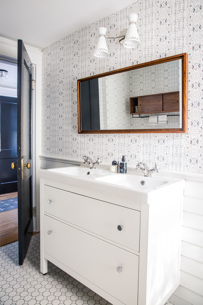 Photo of a small country master bathroom in Portland Maine with furniture-like cabinets, white cabinets, white walls, mosaic tile floors, an integrated sink, white floor and white benchtops.