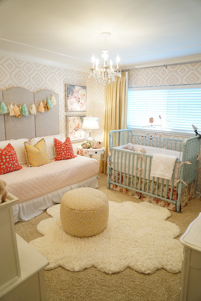 Nursery - mid-sized transitional girl carpeted and beige floor nursery idea in San Francisco with multicolored walls