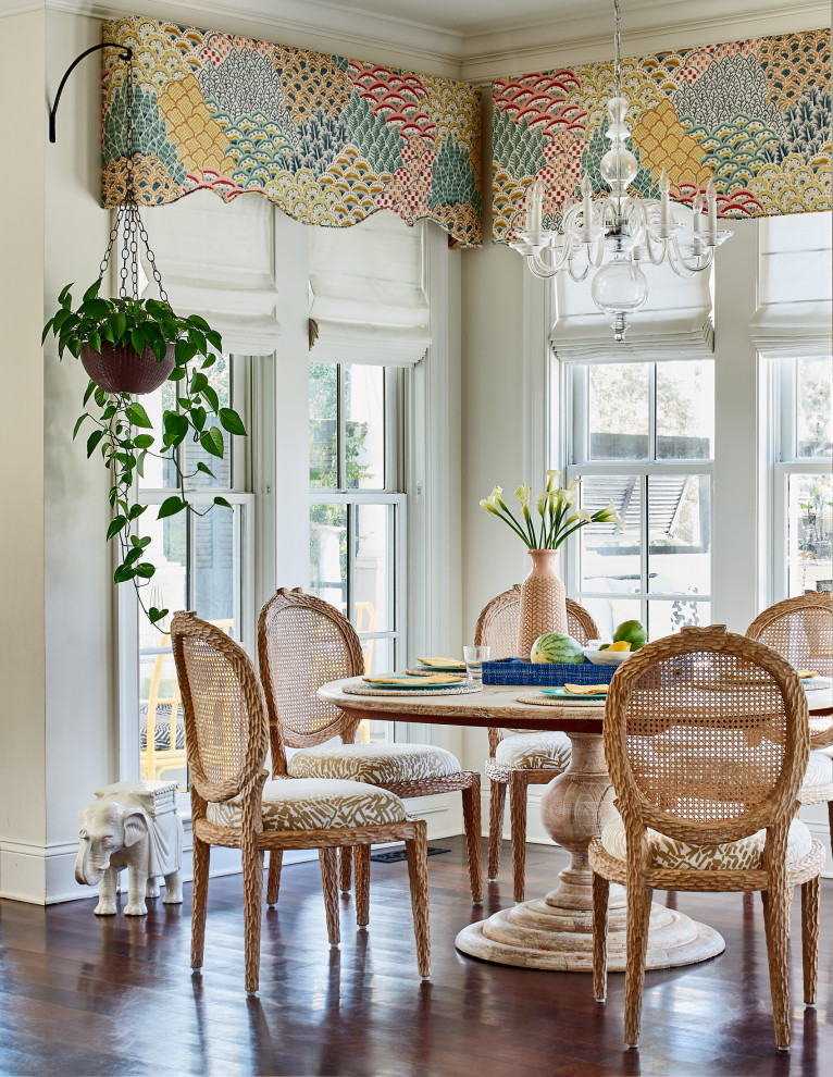 Transitional dining room in Charleston with beige walls, dark hardwood floors and brown floor.