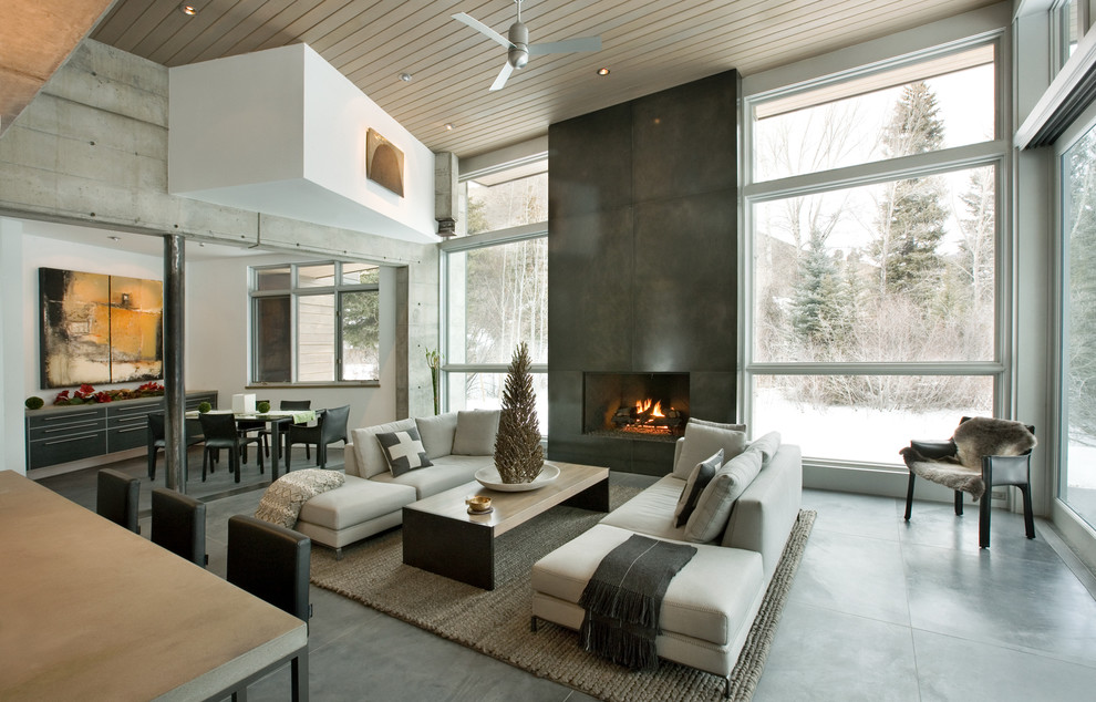 This is an example of a contemporary living room in Denver with concrete floors.