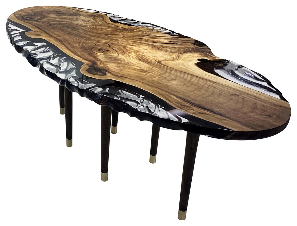 Rustic Wavy Oval Dining Table, Epoxy Resin & Wood Contemporary Dining Tables by Arditi