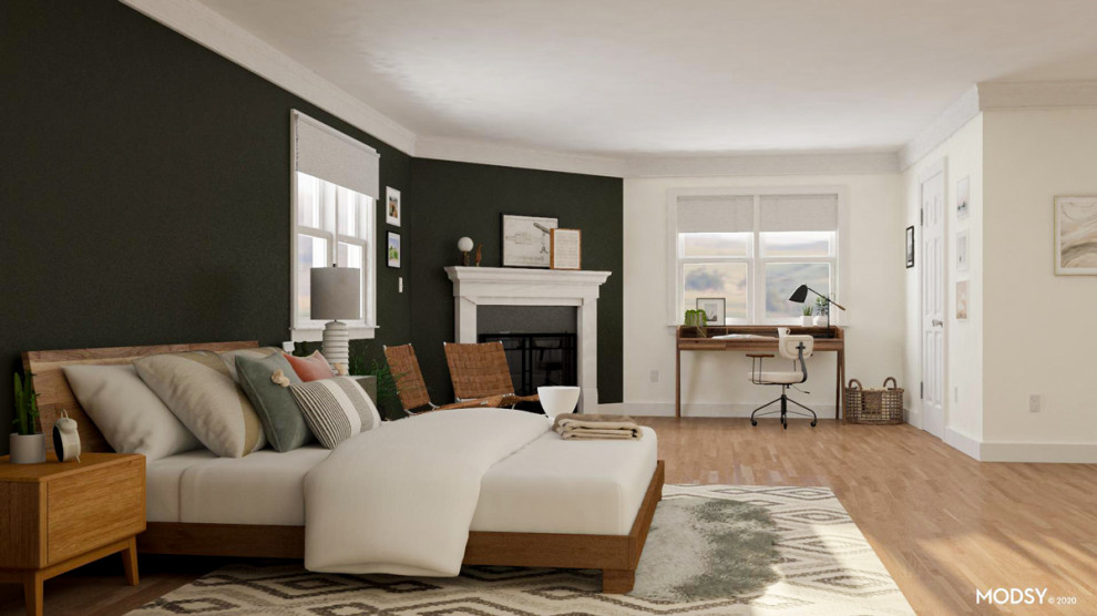 Large midcentury master bedroom in Denver with black walls, light hardwood flooring, a corner fireplace and brown floors.