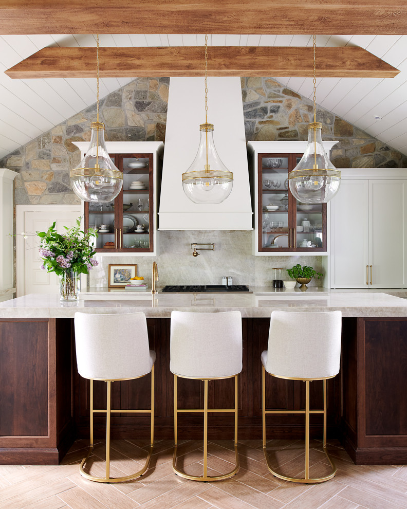 Design ideas for a classic kitchen in Other with glass-front cabinets, grey splashback, stone slab splashback, an island, beige floors, grey worktops, exposed beams, a timber clad ceiling and a vaulted ceiling.