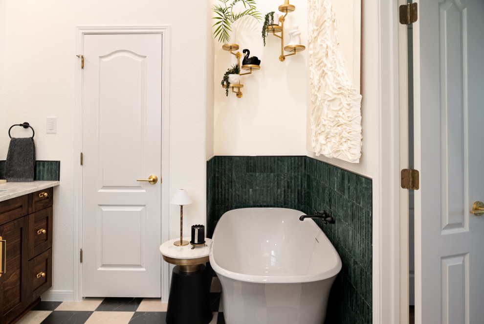 Example of a mid-sized transitional master green tile and marble tile double-sink freestanding bathtub design in Austin with shaker cabinets, dark wood cabinets, quartz countertops, white countertops and a built-in vanity