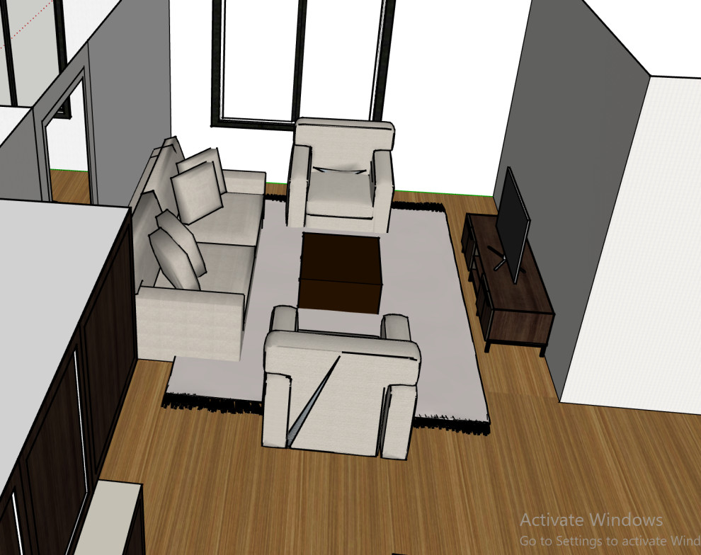 Modern inredning av ett mellanstort allrum, med vita väggar, mörkt trägolv, en fristående TV och brunt golv