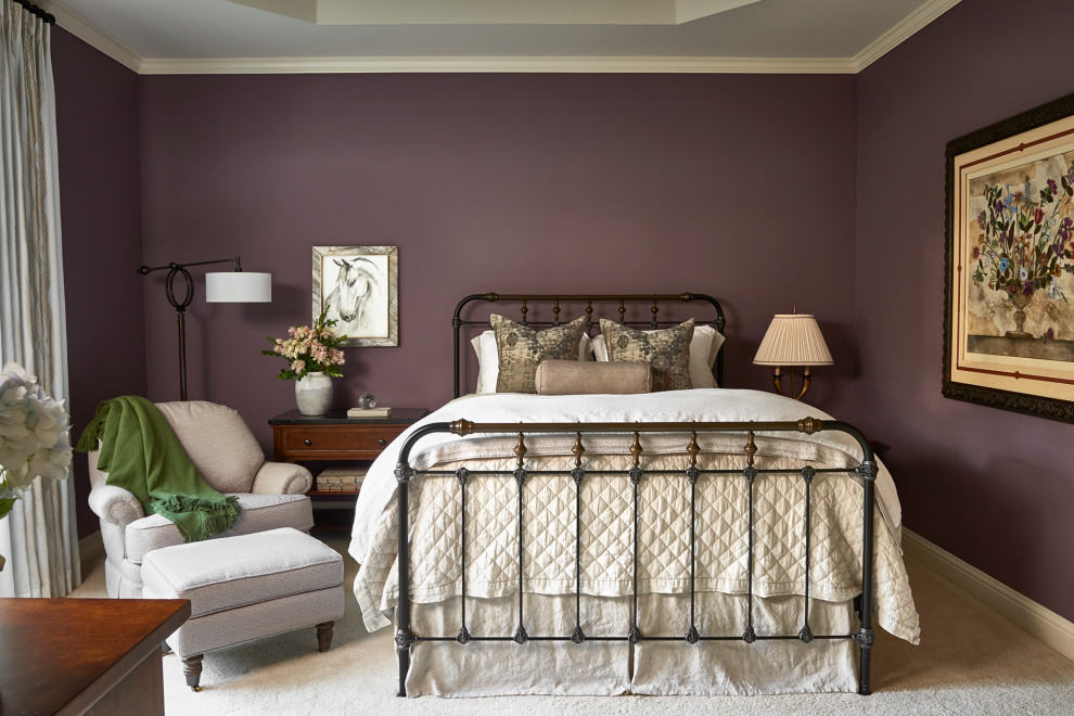 Design ideas for a mid-sized traditional guest bedroom in Atlanta with purple walls, carpet, beige floor and coffered.