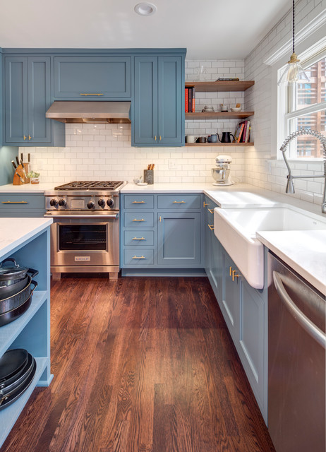 Blue Kitchen Cabinets with Sleek Brass Hardware - Transitional - Kitchen