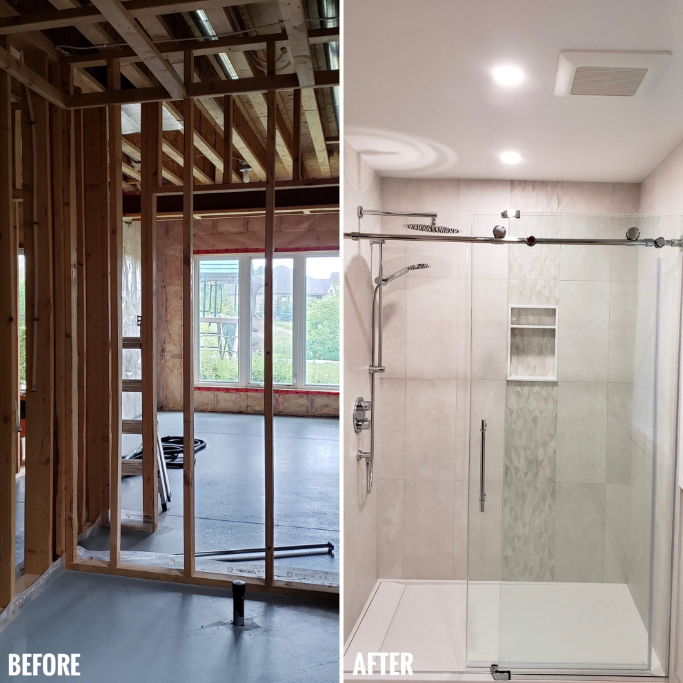 Alcove shower - large transitional porcelain tile, white floor and single-sink alcove shower idea with medium tone wood cabinets, a one-piece toilet, white walls, an integrated sink, quartzite countertops, white countertops, a niche and a floating vanity