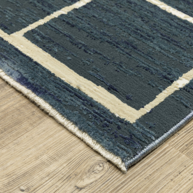 Ronan Geometric Blue/ Ivory Hilow Pile Fringed Edge Area Rug, 5'3" x 7