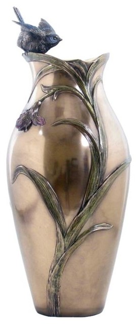 14.75 Inch Victorian Vase Polished Bronzehue Orchid Iris Blue Bird