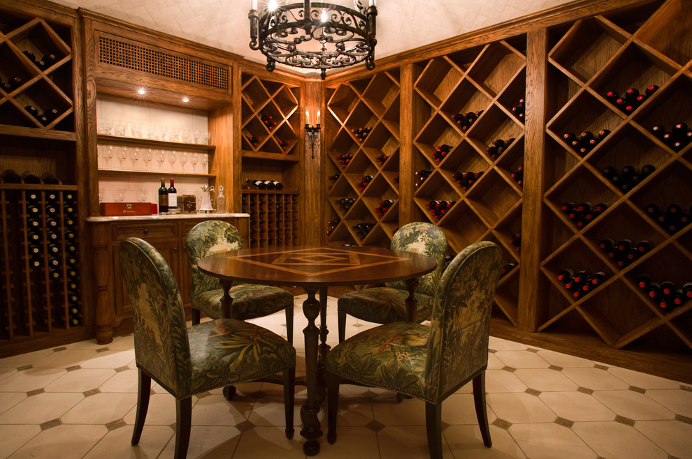 Large beach style wine cellar in New York with limestone floors and diamond bins.