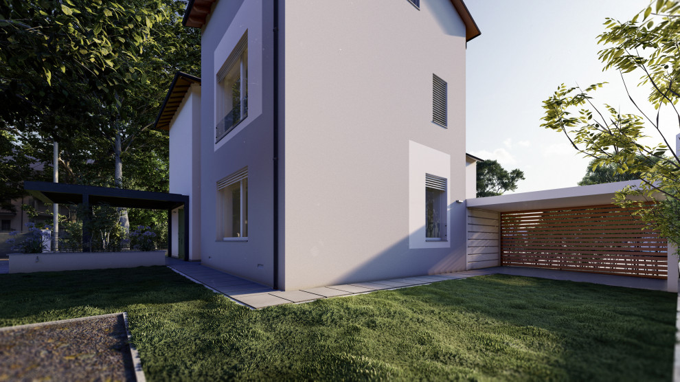 Idée de décoration pour une façade de maison mitoyenne blanche nordique en stuc de taille moyenne et à un étage avec un toit à deux pans, un toit en tuile et un toit rouge.