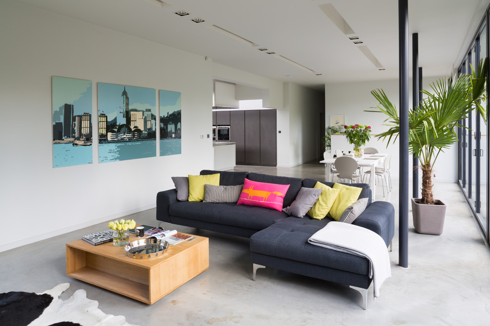 Modern formal open concept living room in London with white walls and concrete floors.