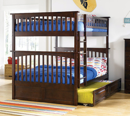 Antique Walnut Columbia Full over Full Bunk Bed with Raised Panel Trundle Bed -