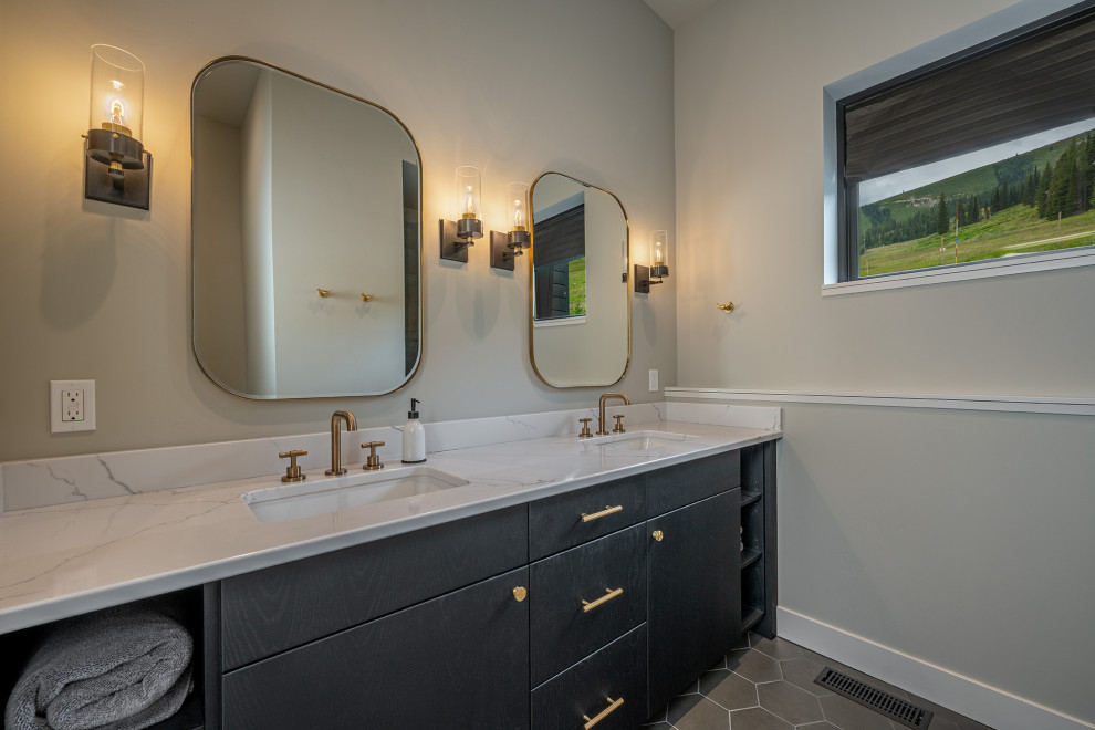 This is an example of a country 3/4 bathroom in Seattle with flat-panel cabinets, black cabinets, an alcove shower, an undermount sink, engineered quartz benchtops, white benchtops, a double vanity and a built-in vanity.