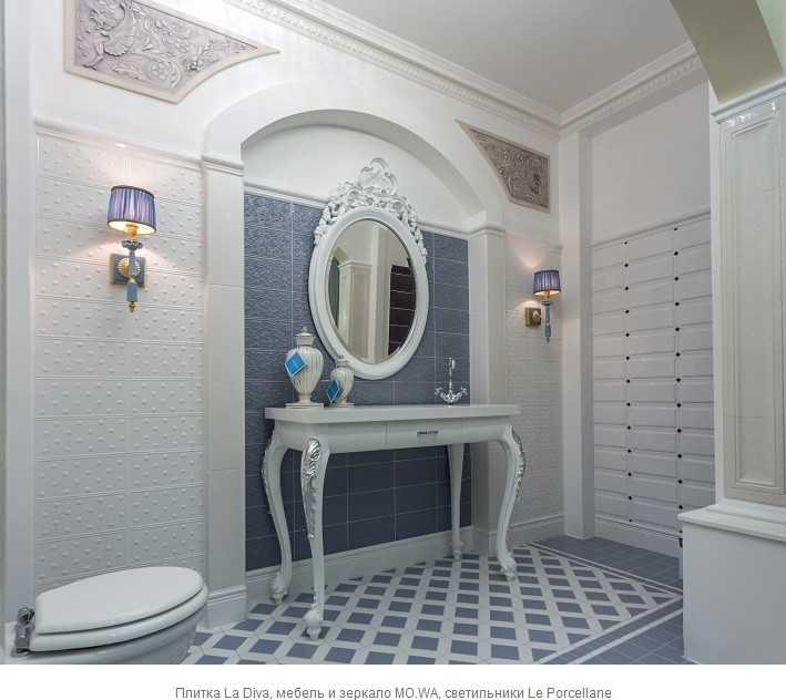 Плитка La Diva, мебель и зеркало MO.WA, светильники Le Porcellane