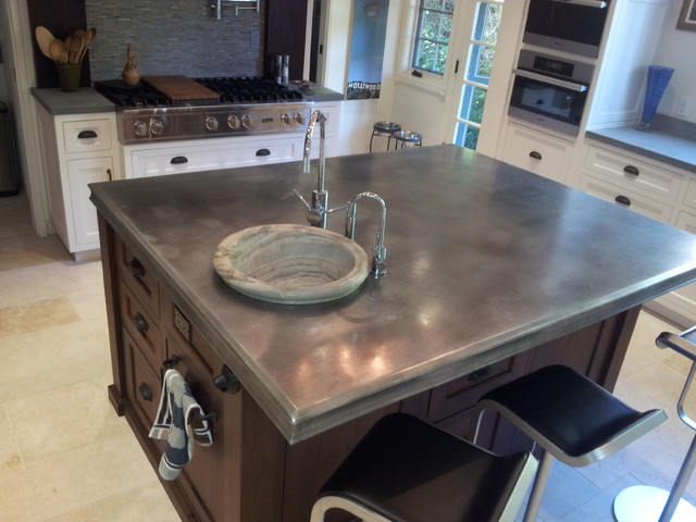 Zinc Island Counter Top After One Year Use Traditional Kitchen