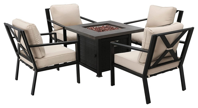 5 Piece Patio Bistro Set, Metal Frame, Cushioned Chairs & Fire Pit, Square Table