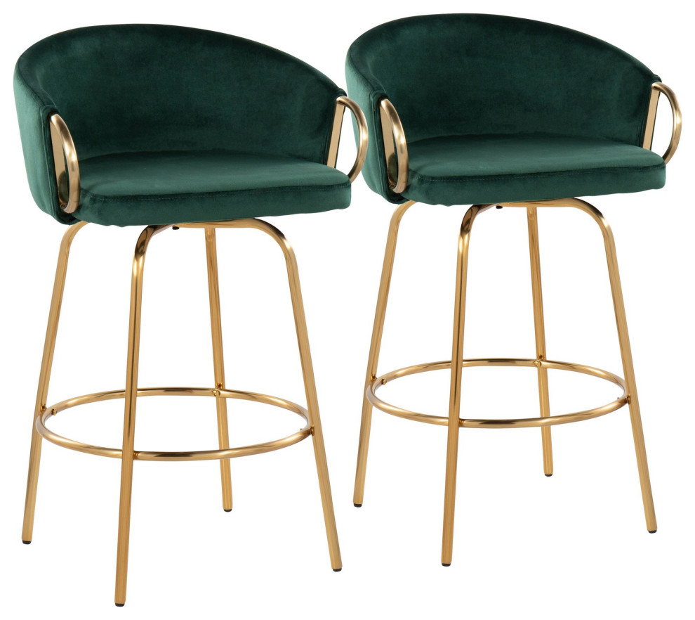 Claire 26" Fixed Height Counter Stool, Set of 2, Gold Steel, Green Velvet