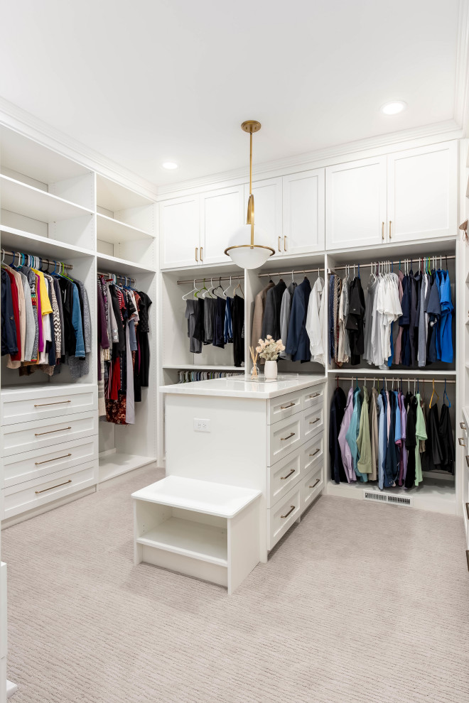 Mid-sized transitional gender-neutral carpeted and gray floor walk-in closet photo in Salt Lake City with recessed-panel cabinets and white cabinets