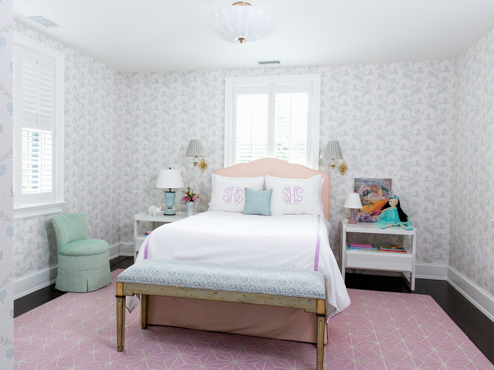 Design ideas for a small traditional kids' bedroom for kids 4-10 years old and girls in Raleigh with multi-coloured walls, dark hardwood floors and brown floor.