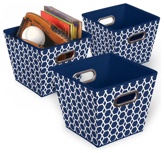 Folding Grommet Bin, Set of 3, Navy Blue Contemporary Storage Bins