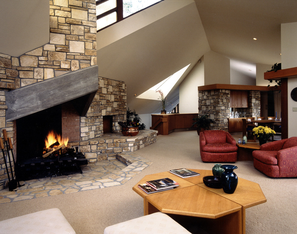 Inspiration for a large traditional formal open concept living room in San Francisco with white walls, carpet, a standard fireplace, a stone fireplace surround and no tv.