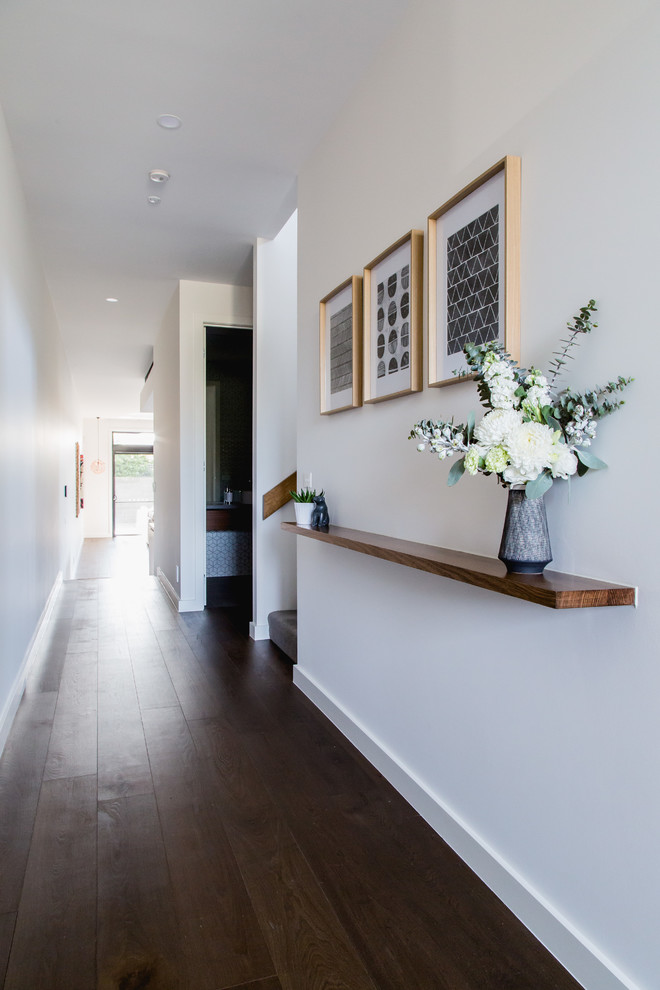 Inspiration for a mid-sized contemporary hallway in Melbourne with white walls, laminate floors and brown floor.