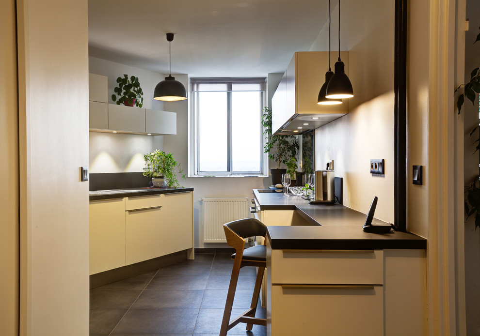 Idée de décoration pour une cuisine design de taille moyenne avec sol en béton ciré et un sol gris.