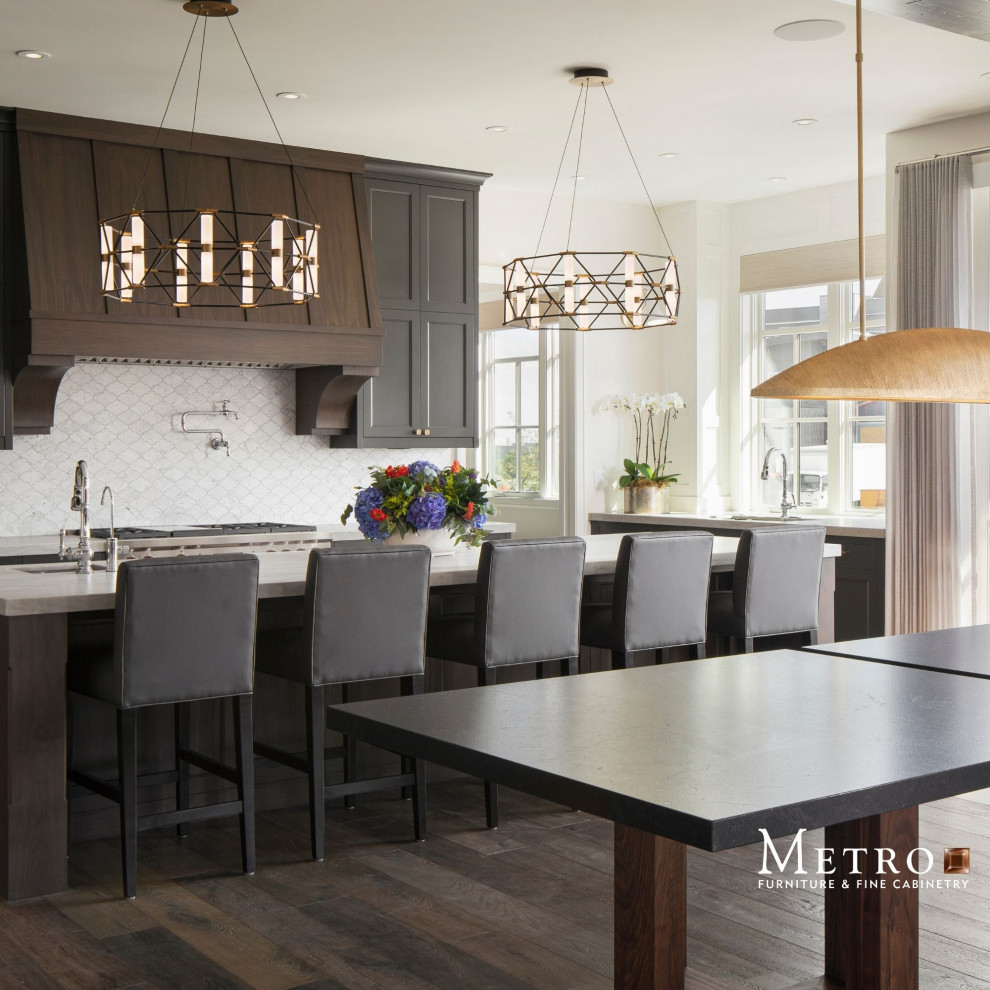 Inspiration for a transitional brown floor kitchen remodel in Calgary with shaker cabinets, gray cabinets and an island