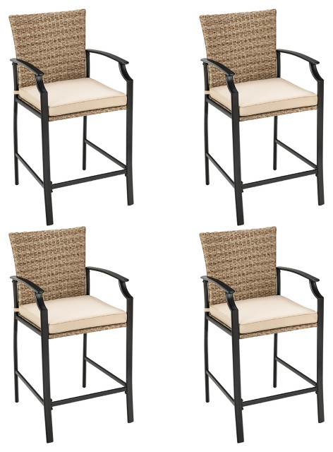 Costway 4PCS Patio Rattan Bar Stool Chairs Cushioned Seat Footrest & Armrest