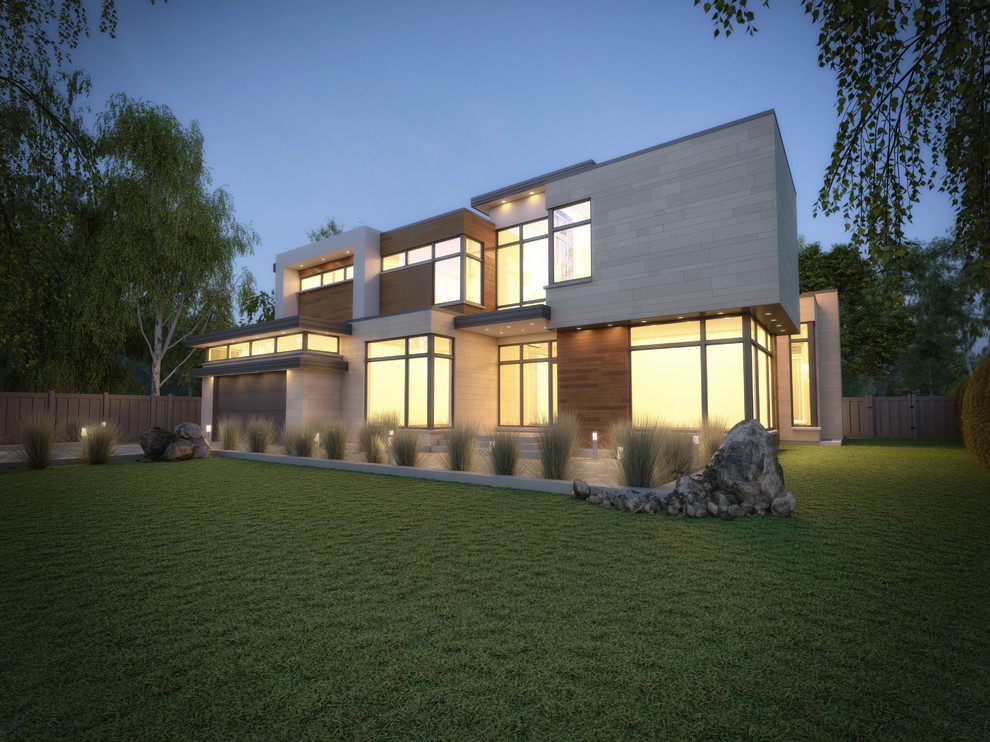 This is an example of a large modern two-storey exterior in Toronto with stone veneer and a flat roof.