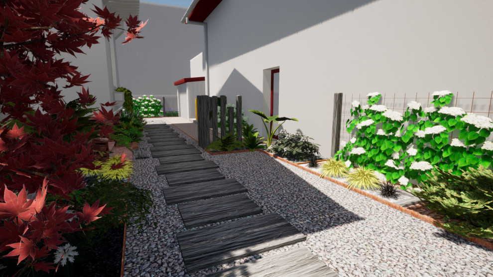 Esempio di un piccolo giardino moderno in ombra davanti casa con un ingresso o sentiero e ghiaia