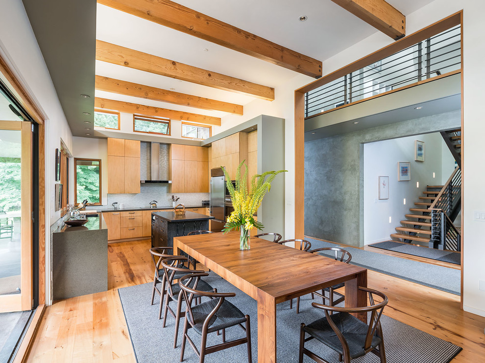 Contemporary kitchen/dining combo in Portland with white walls, light hardwood floors and beige floor.