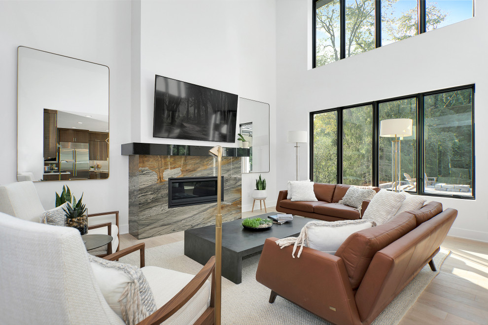 Photo of a large modern living room in Austin.