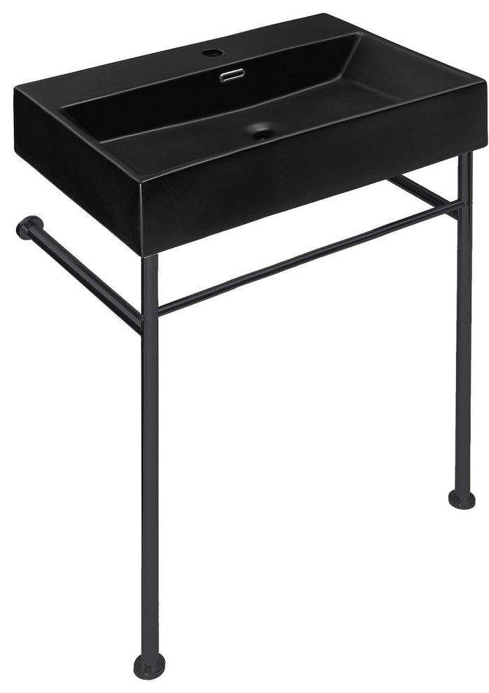 Modern Bathroom Sink, Metal Legs With Towel Bar & Black Ceramic Basin