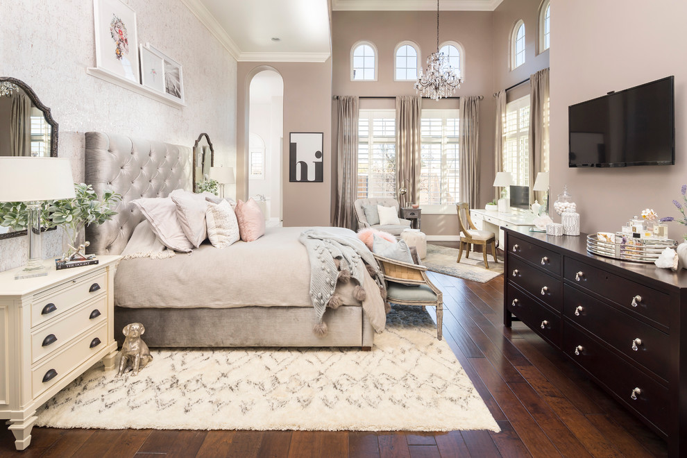 This is an example of a large traditional bedroom in Phoenix with grey walls, dark hardwood floors and no fireplace.
